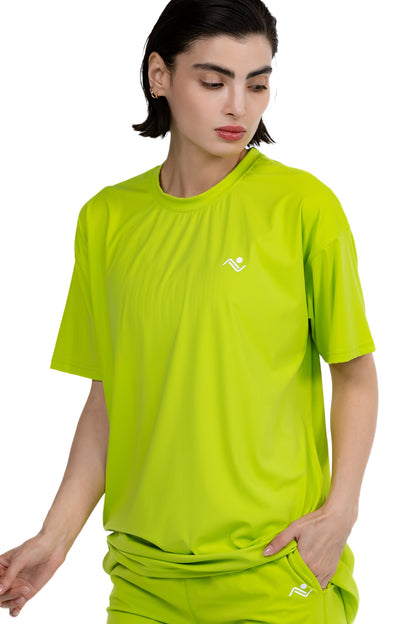 Solid Colour Oversized T-Shirt in Lime, three-quarter view on model, Ascendia