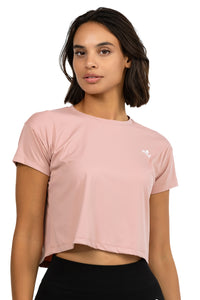 Women's Crop Tee in Blush, front view on model, Ascendia