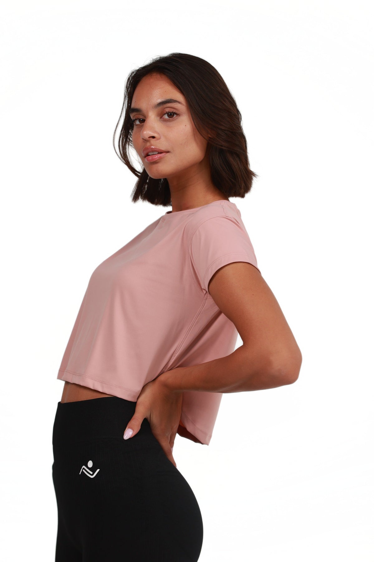 Women's Crop Tee in Blush, side view on model, Ascendia