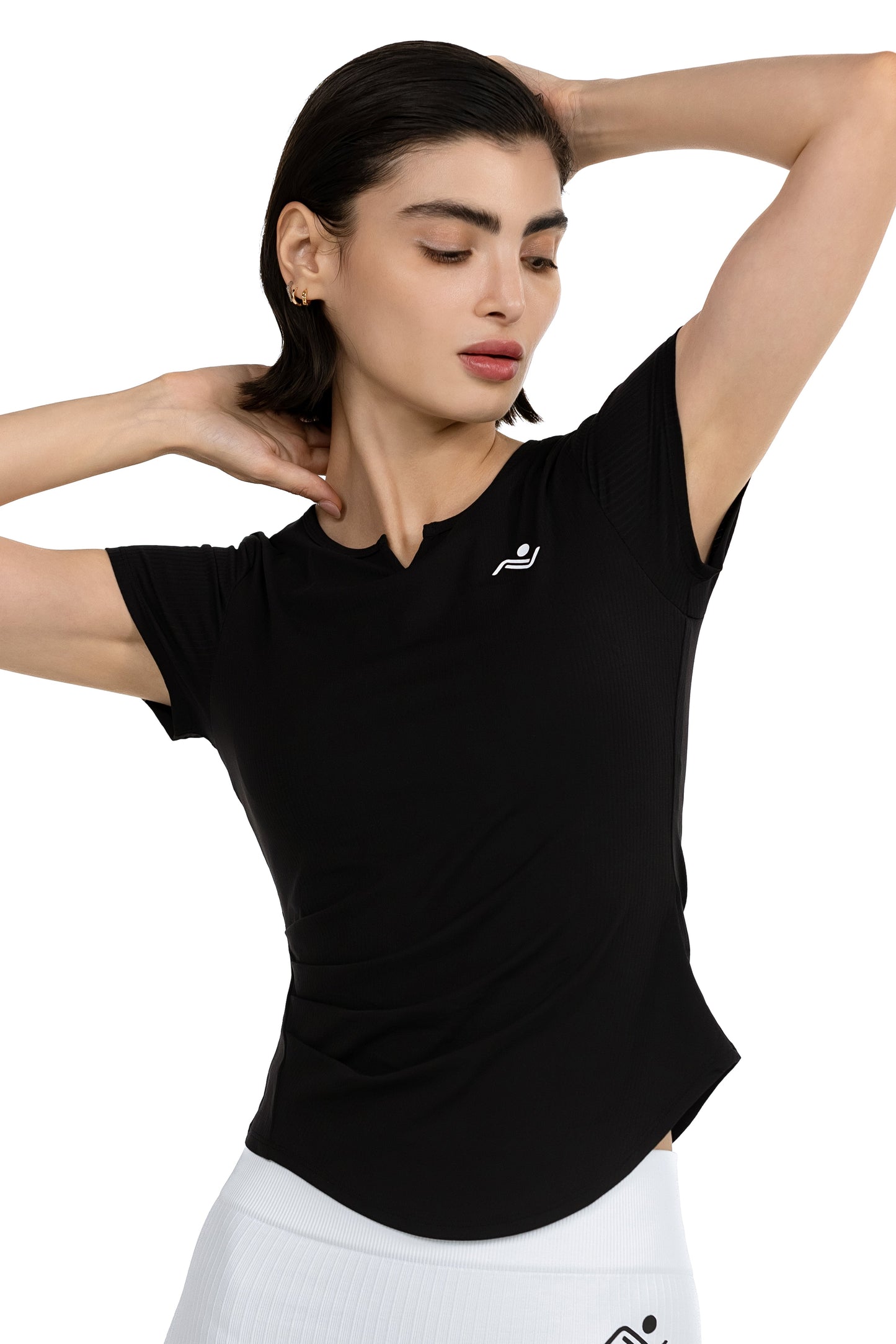 V-Neck Gym T-Shirt in Black, close three-quarter front view showing the split V-neckline and chest logo, Ascendia