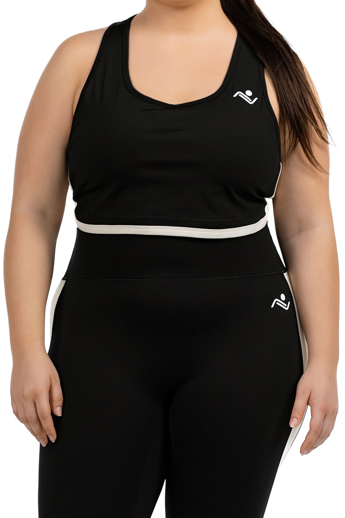 FitFusion Workout Set (XL–4XL) in Black, detail of the racerback bra and cream underband on model, Ascendia