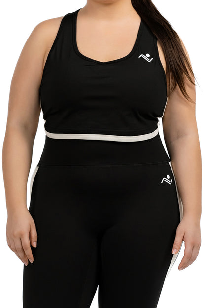 FitFusion Workout Set (XL–4XL) in Black, detail of the racerback bra and cream underband on model, Ascendia