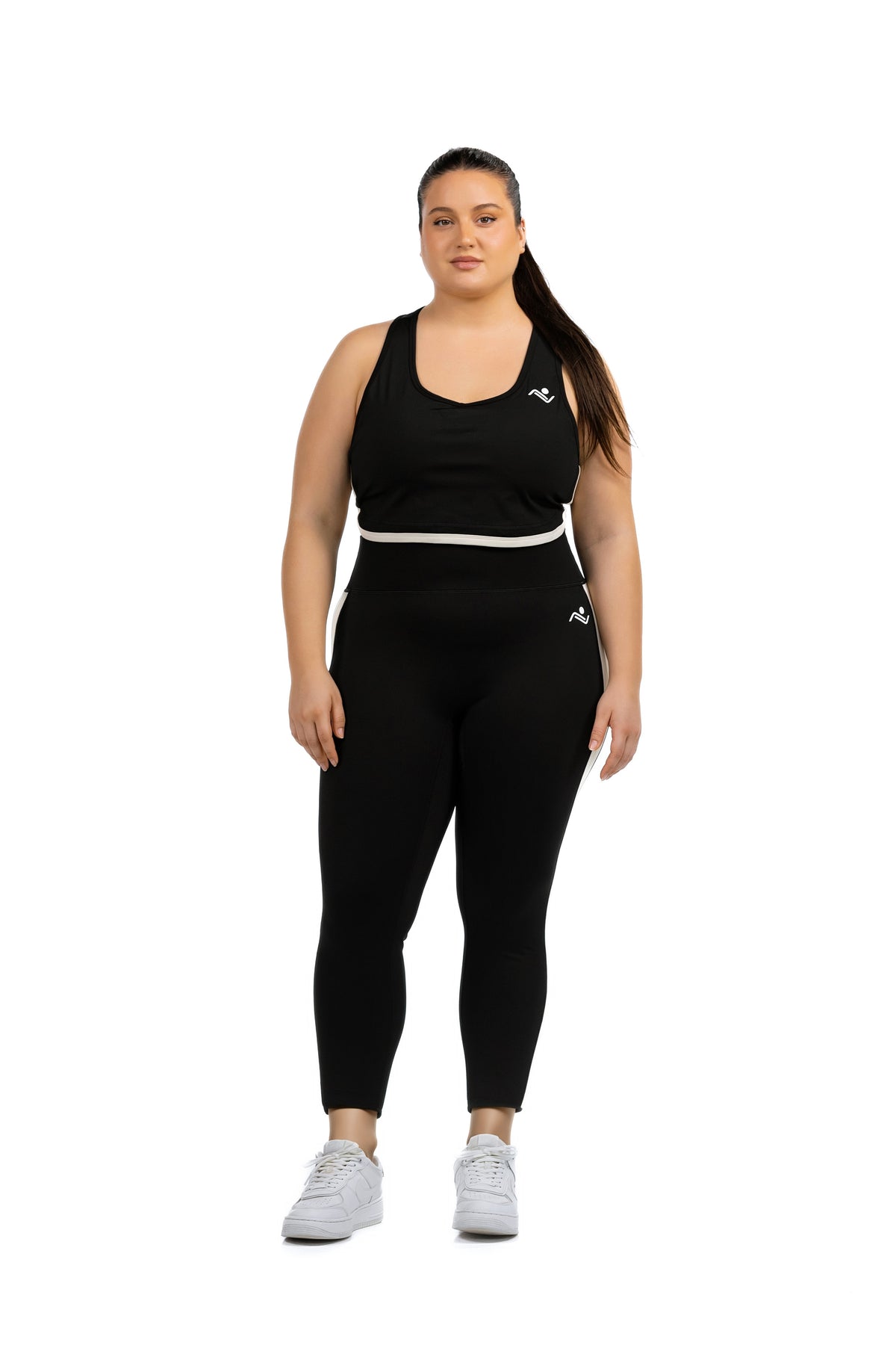 FitFusion Workout Set (XL–4XL) in Black, front view on model, Ascendia