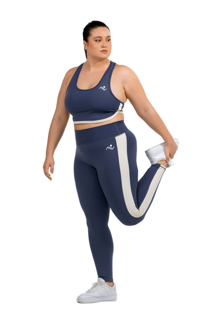 FitFusion Workout Set (XL–4XL) in Slate Blue, standing quad stretch on model, Ascendia