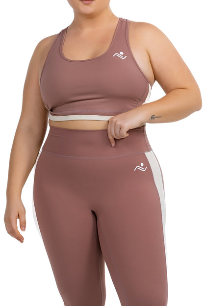 FitFusion Workout Set (XL–4XL) in Rosewood, detail of the racerback bra and waistband on model, Ascendia