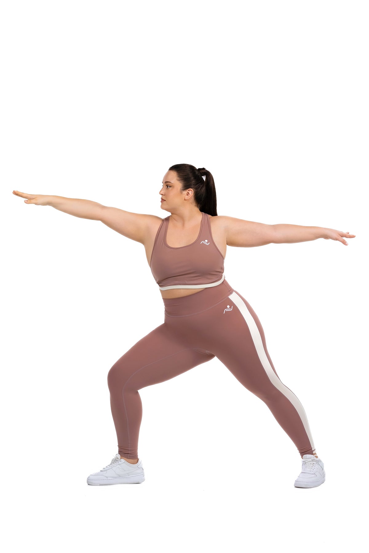 FitFusion Workout Set (XL–4XL) in Rosewood, warrior pose on model, Ascendia