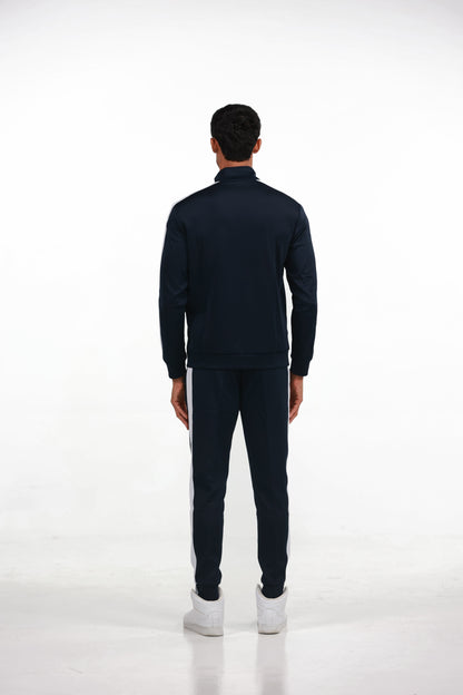 Men's Tracksuit in Blue, full-length back view on model showing the white stripe down the sleeve and leg, Ascendia