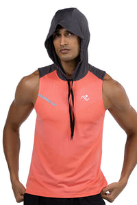 Sleeveless Workout Hoodie in Coral, front view with hood up, Ascendia