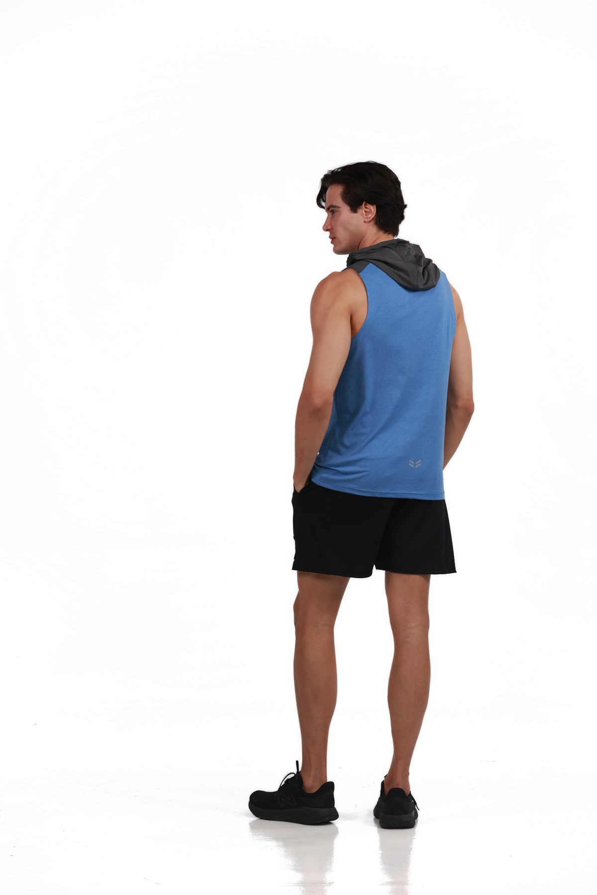 Sleeveless Workout Hoodie in Royal Blue, back view with hood down, Ascendia