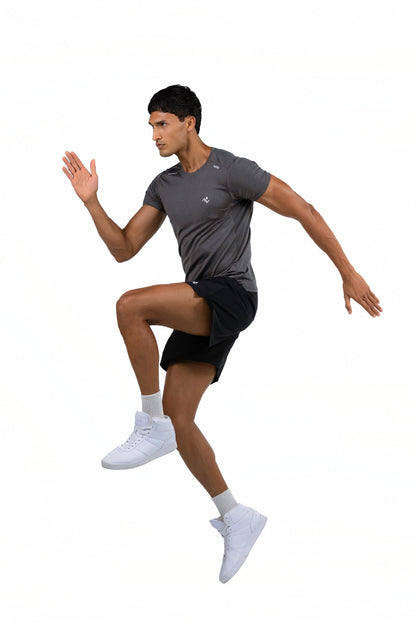 Men's Muscle Fit T-Shirt in Charcoal, action shot on model, Ascendia