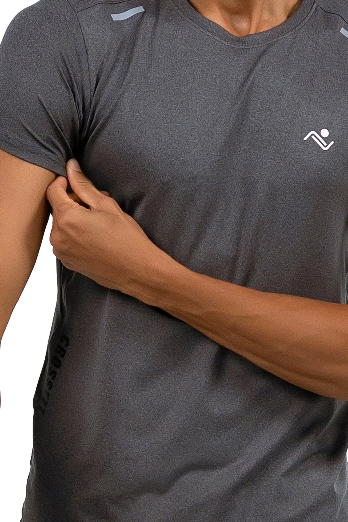 Men's Muscle Fit T-Shirt in Charcoal, detail of chest logo and reflective shoulder tabs on model, Ascendia