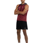 Sleeveless Workout Hoodie in Maroon, full length front view with arms crossed, Ascendia