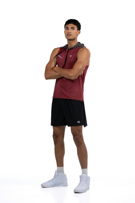 Sleeveless Workout Hoodie in Maroon, full length front view with arms crossed, Ascendia