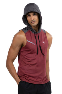 Sleeveless Workout Hoodie in Maroon, front view with hood up, Ascendia