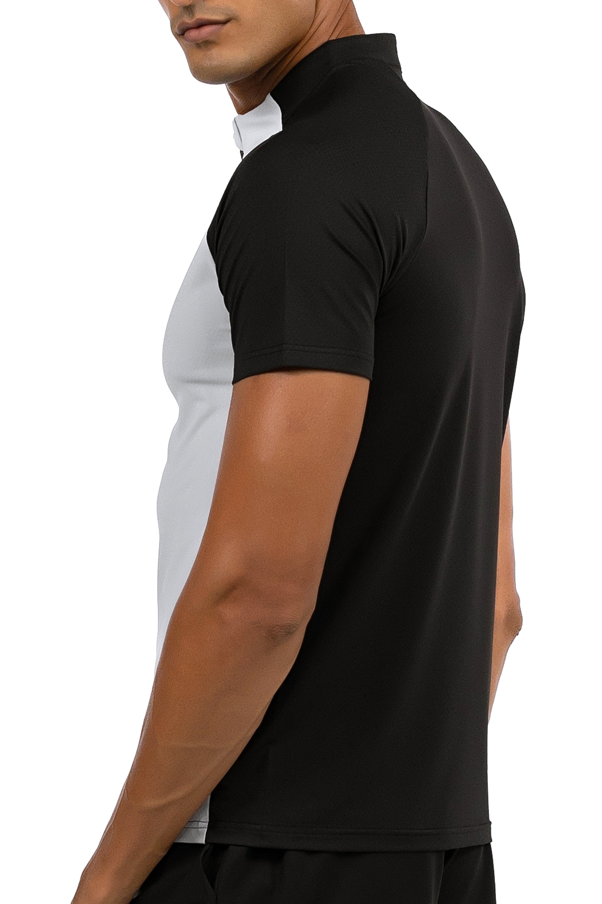Slim Fit Short Sleeve T-Shirt in Grey/Black, side profile showing the black raglan sleeve and stand collar, Ascendia