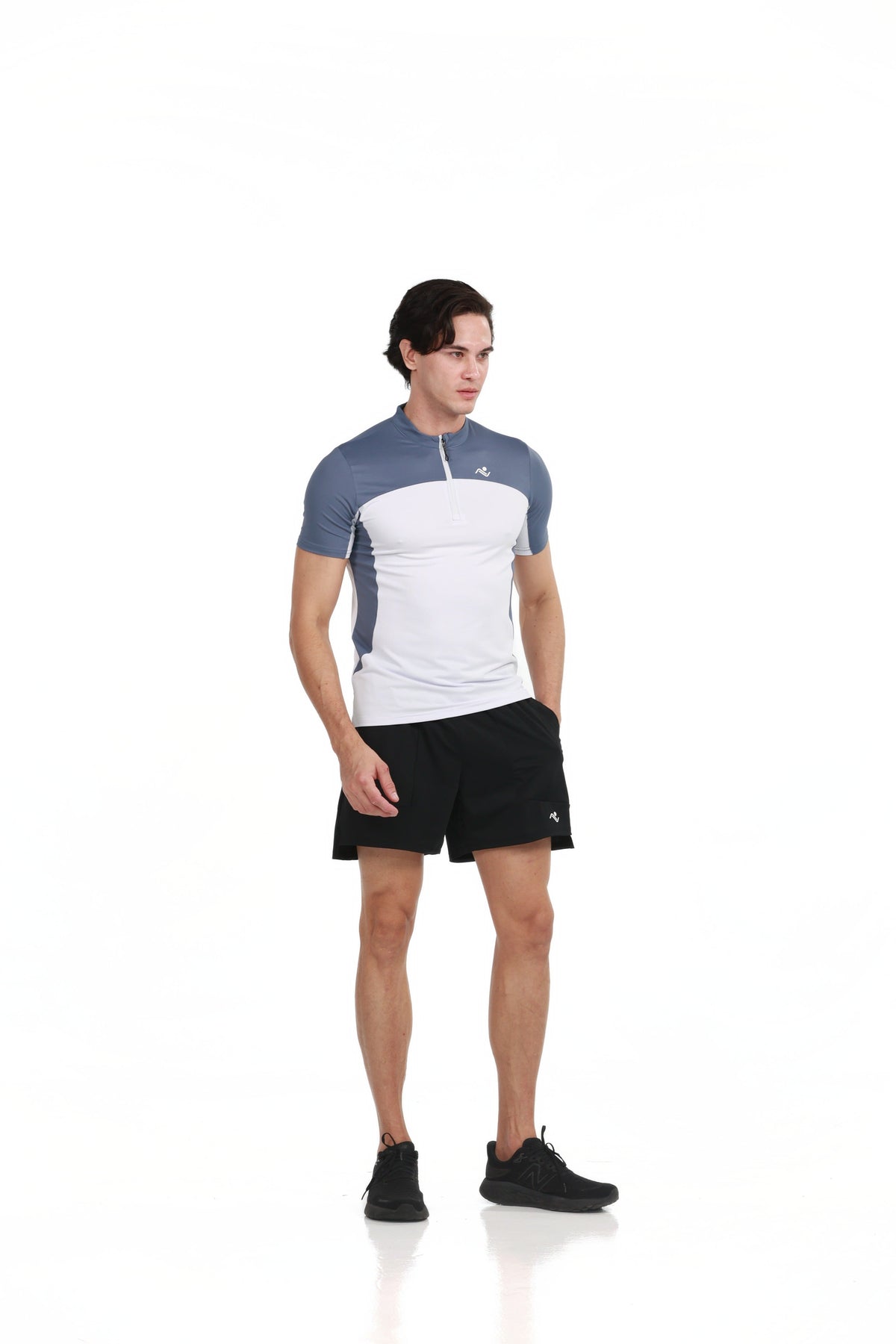 Men's Quarter-Zip T-Shirt in Slate Blue, full-length three-quarter view on model, Ascendia