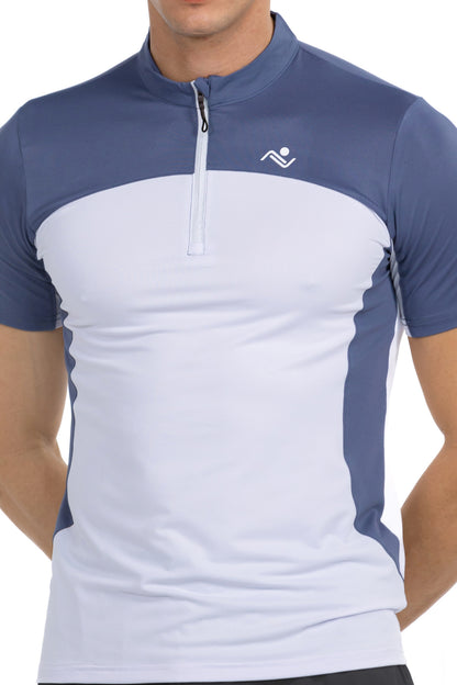 Men's Quarter-Zip T-Shirt in Slate Blue, detail of zip and chest logo on model, Ascendia