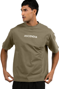 Comfort Oversized T-Shirt in Khaki, front view with chest wordmark, Ascendia
