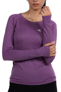 Long Sleeve Yoga Top in Purple, front view on model, Ascendia