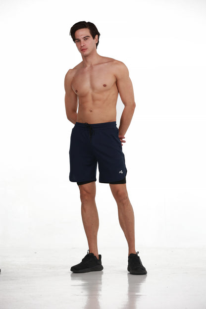 Double Layer Training Shorts in Blue, full-length front view on model, Ascendia