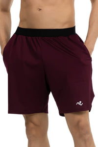 Loose Gym Sports Shorts in Dark Maroon, front view on model, Ascendia