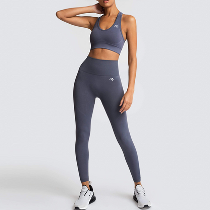 Model showcasing the leggings' high-waisted design in Grey - ascendiastore