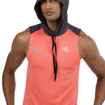 Sleeveless Workout Hoodie in Coral, front view with hood up, Ascendia