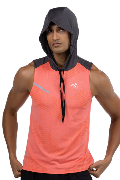 Sleeveless Workout Hoodie in Coral & Charcoal, front view with hood up, Ascendia