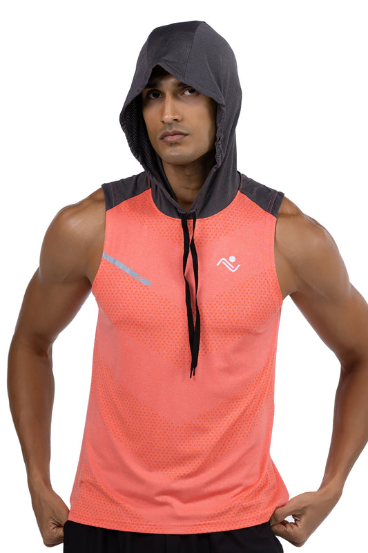 Sleeveless Workout Hoodie in Coral, front view with hood up, Ascendia