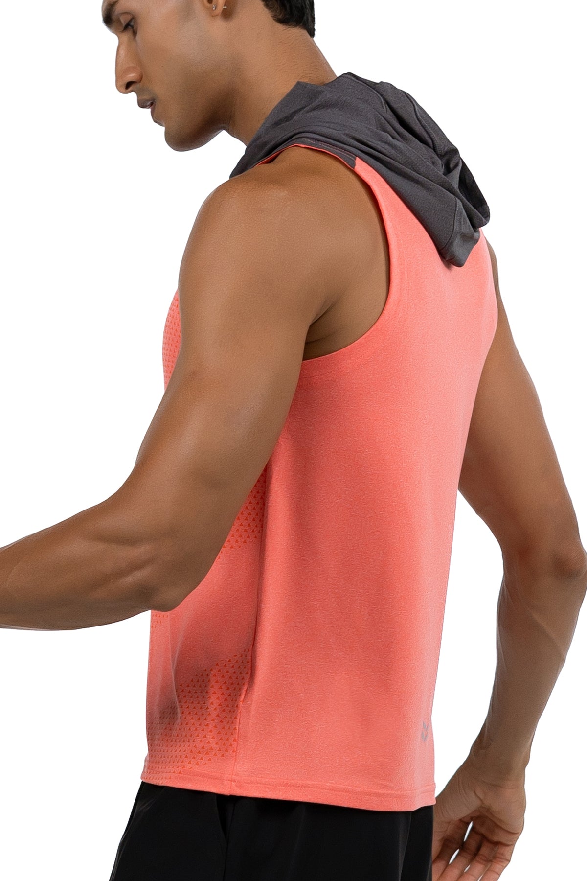 Sleeveless Workout Hoodie in Coral & Charcoal, side view with hood down, Ascendia