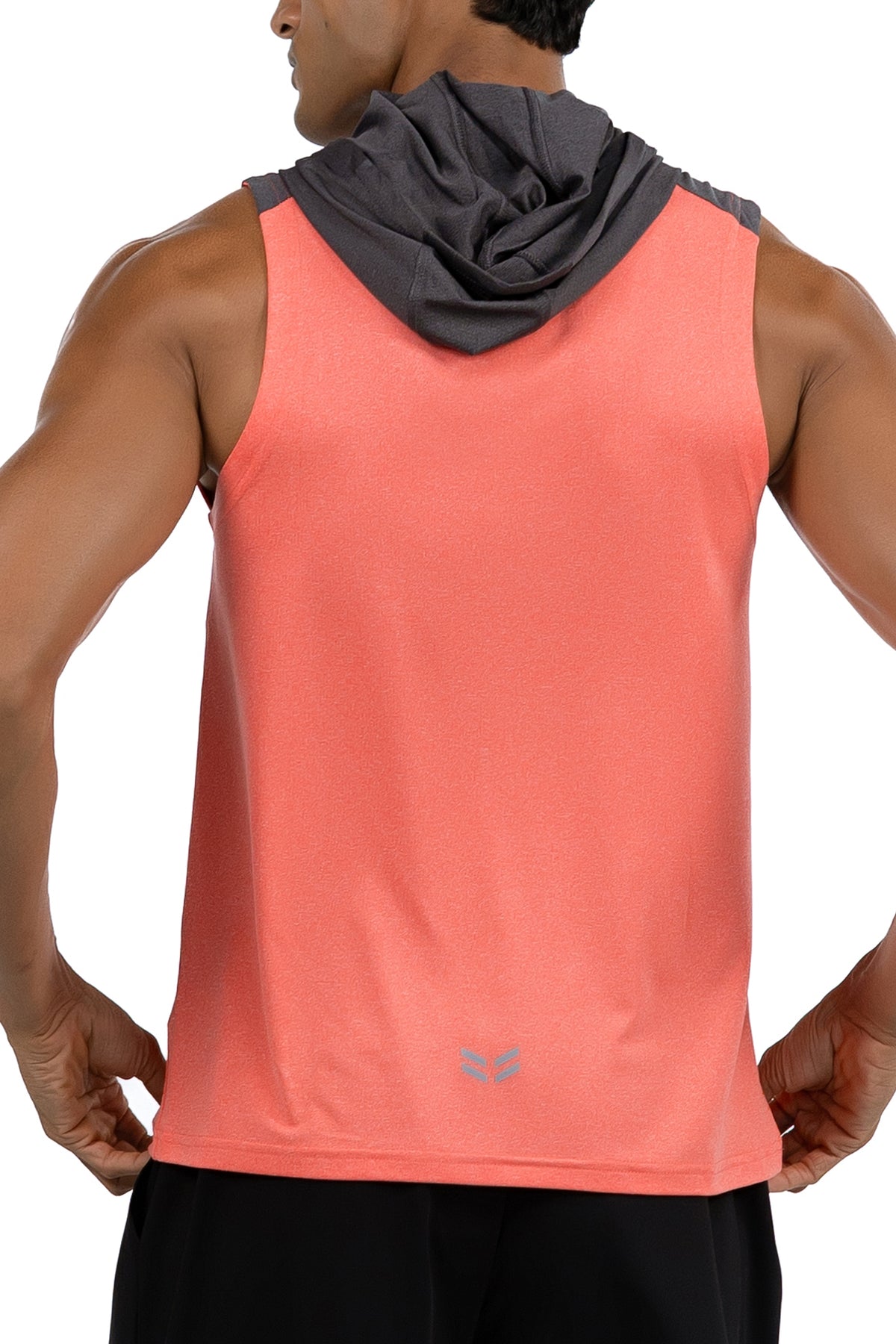 Sleeveless Workout Hoodie in Coral & Charcoal, back view with hood down, Ascendia