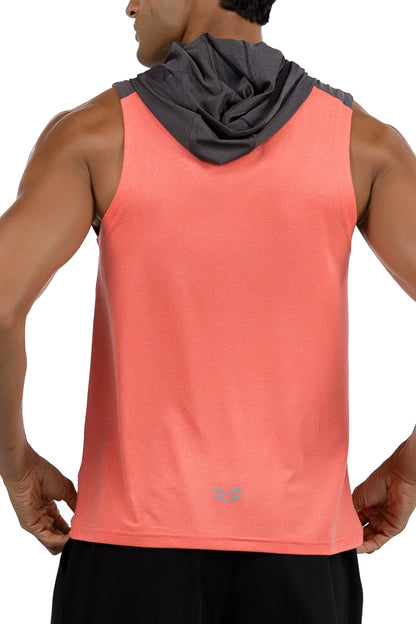 Sleeveless Workout Hoodie in Coral & Charcoal, back view with hood down, Ascendia
