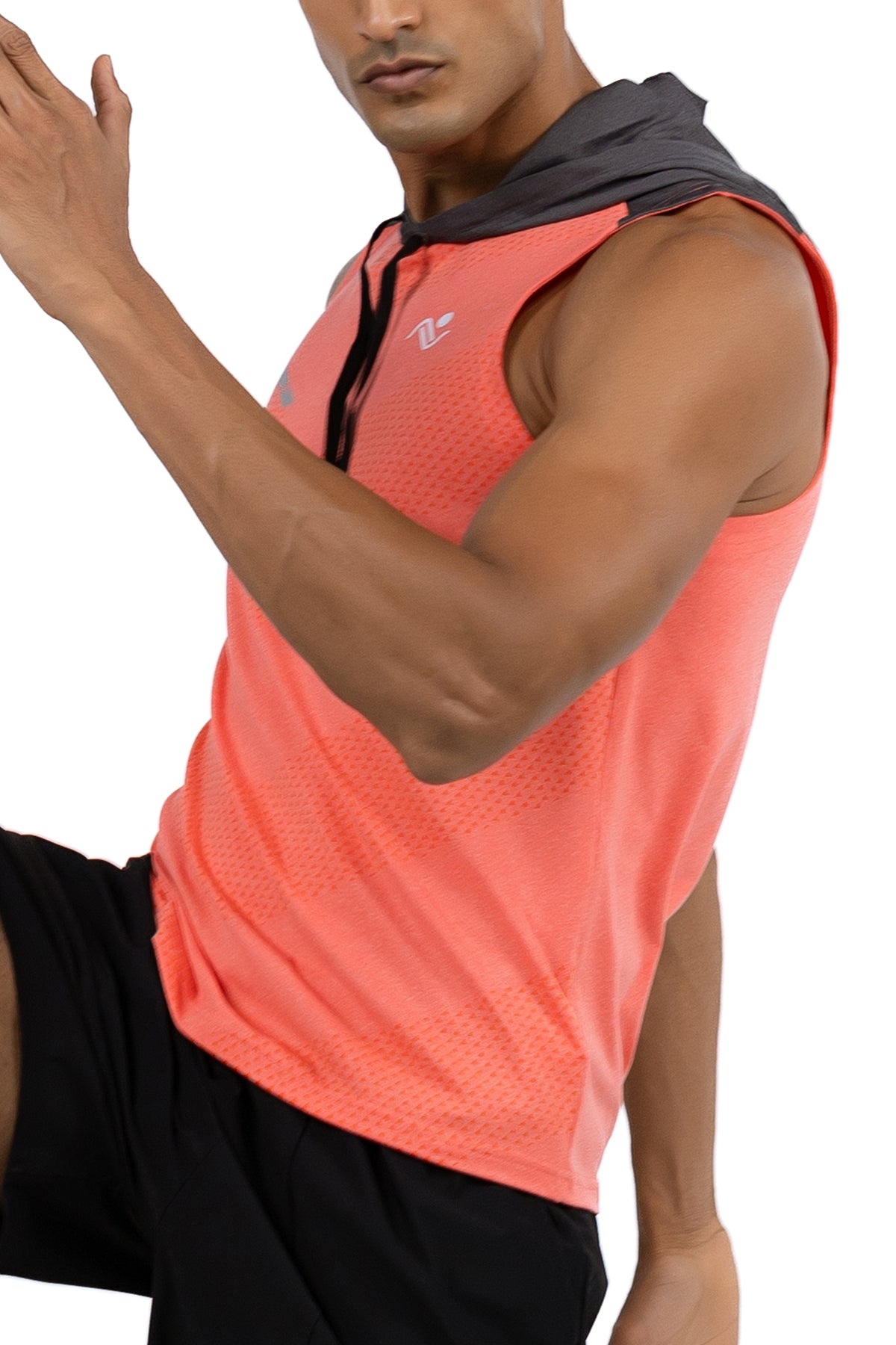 Sleeveless Workout Hoodie in Coral & Charcoal, close up of the body and hood, Ascendia