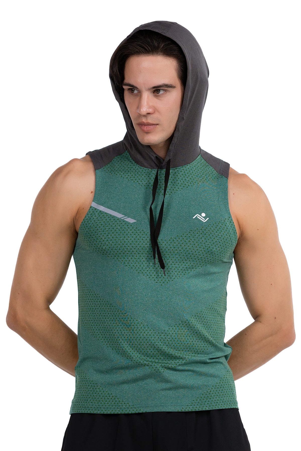 Sleeveless Workout Hoodie in Jade & Charcoal, front view with hood up, Ascendia