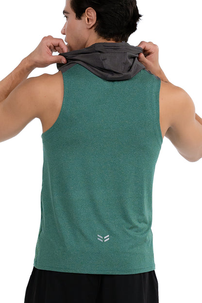 Sleeveless Workout Hoodie in Jade, back view with the model pulling the hood up, Ascendia
