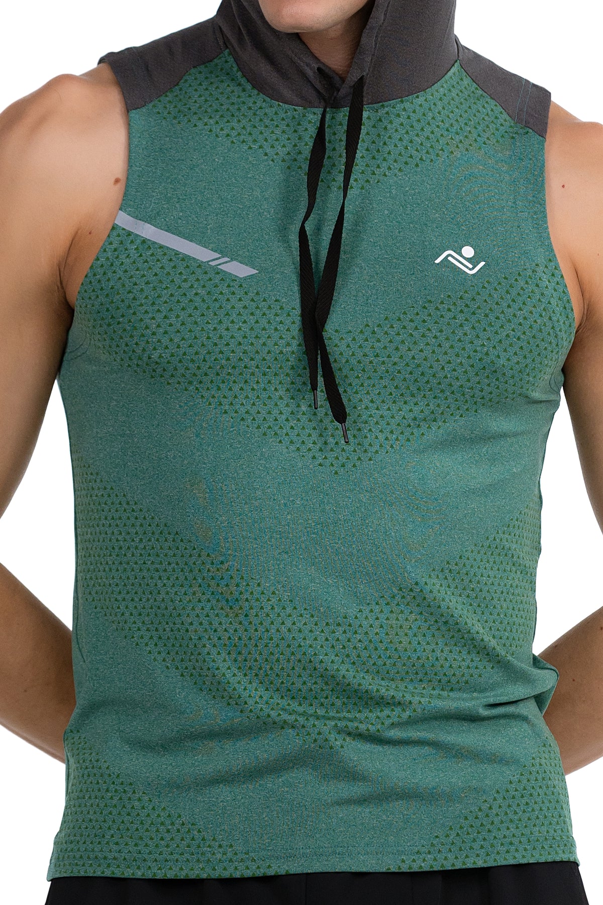 Sleeveless Workout Hoodie in Jade & Charcoal, close up of the chest showing the drawcord and reflective stripe, Ascendia