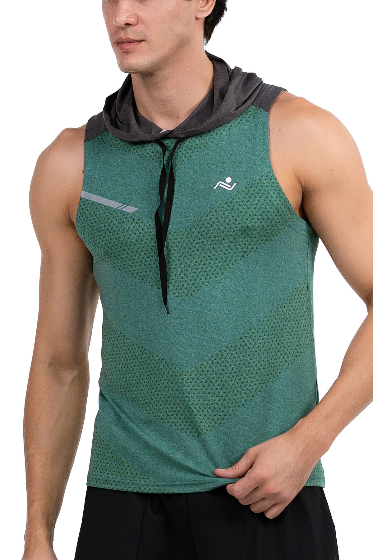 Sleeveless Workout Hoodie in Jade, front view with hood down, Ascendia