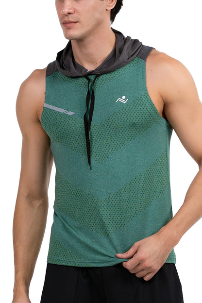 Sleeveless Workout Hoodie in Jade, front view with hood down, Ascendia