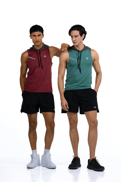 Sleeveless Workout Hoodie in Jade & Charcoal, two models standing together showing the Jade & Charcoal and Maroon & Charcoal colourways, Ascendia