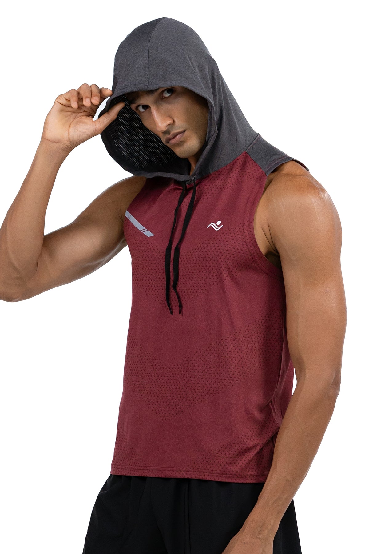 Sleeveless Workout Hoodie in Maroon & Charcoal, side view with the model lifting the hood, Ascendia