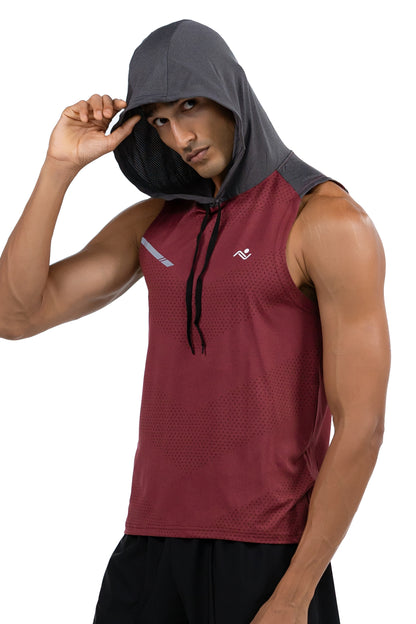 Sleeveless Workout Hoodie in Maroon & Charcoal, side view with the model lifting the hood, Ascendia