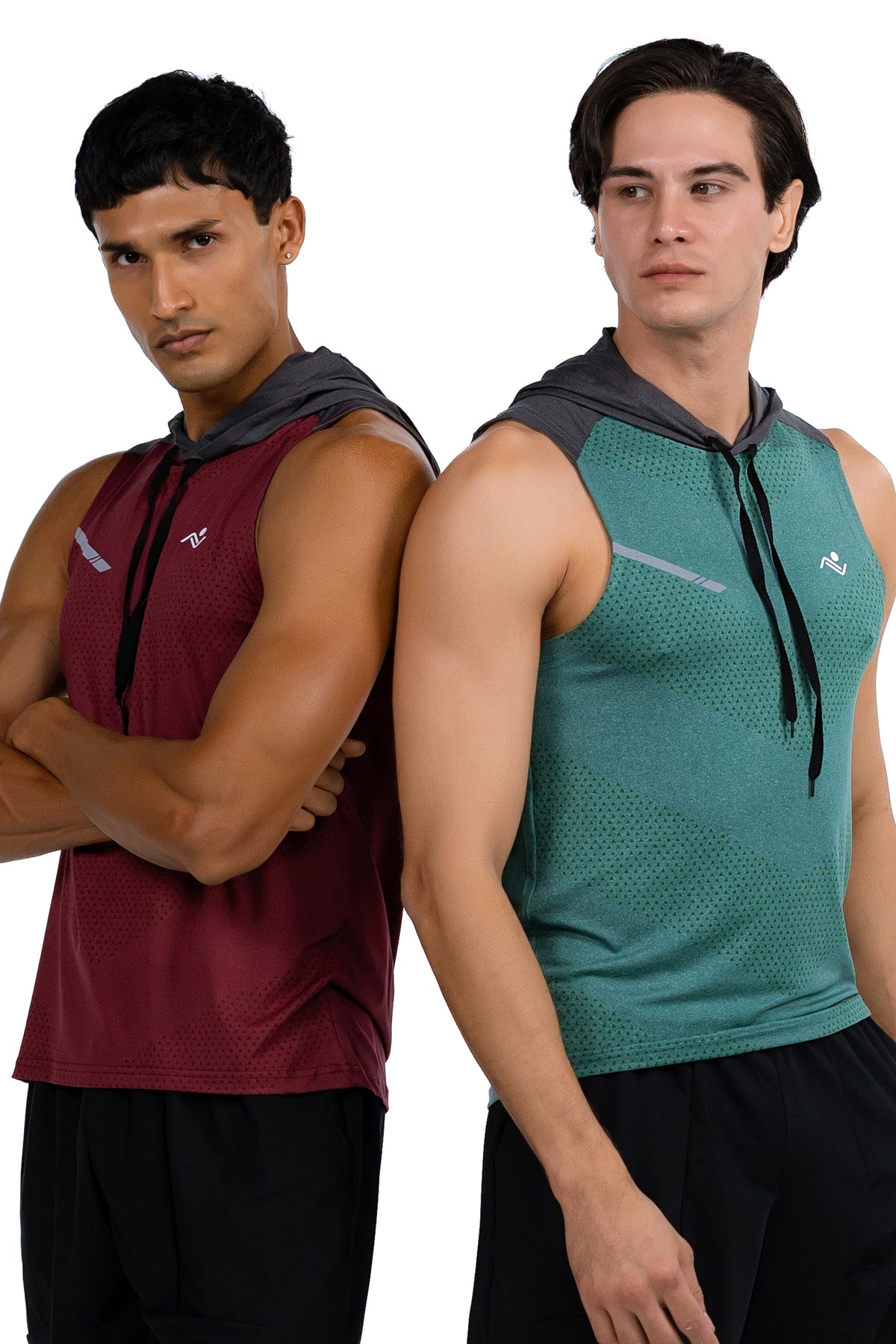 Sleeveless Workout Hoodie in Maroon & Charcoal, two models back to back showing the Maroon & Charcoal and Jade & Charcoal colourways, Ascendia