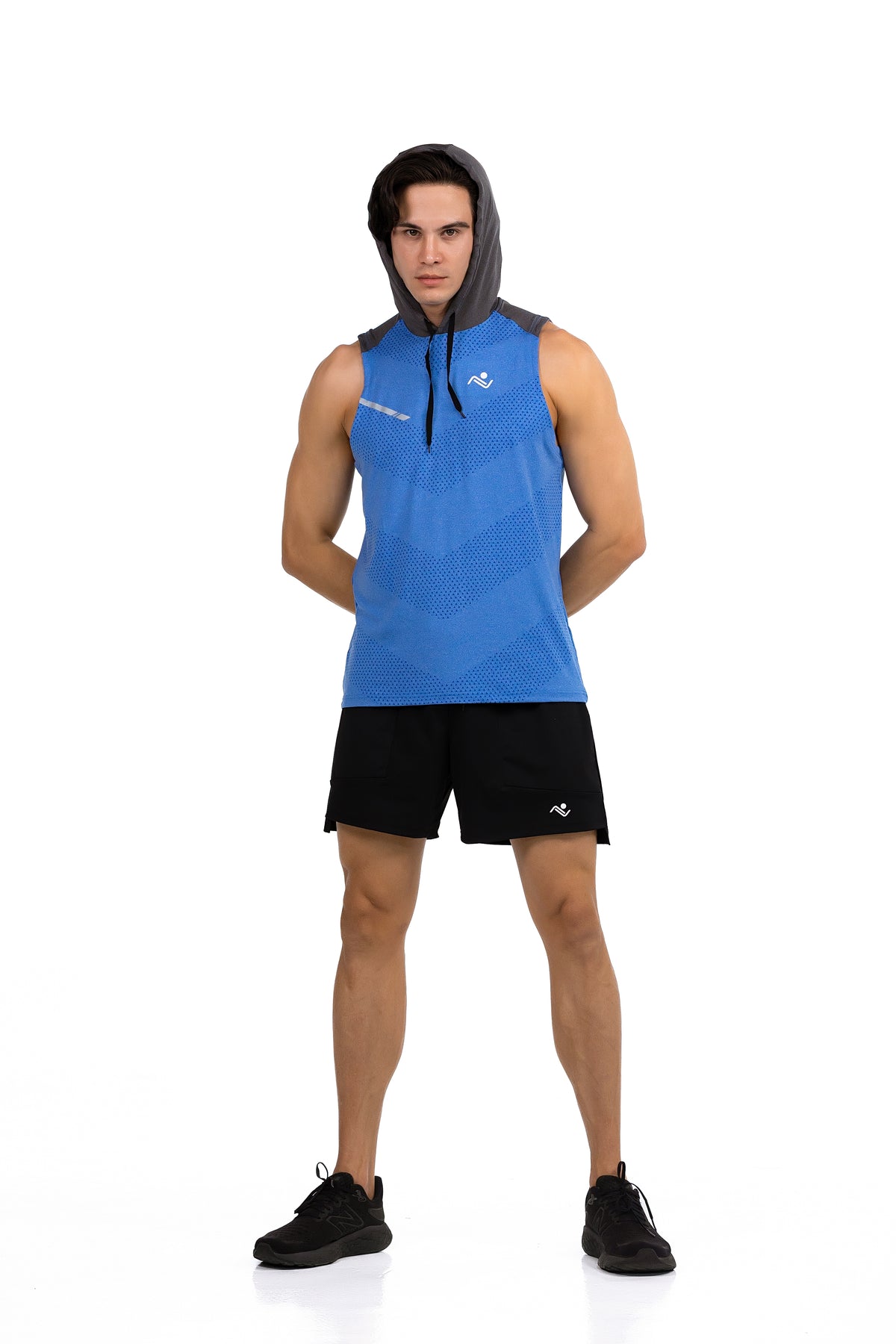 Sleeveless Workout Hoodie in Royal Blue & Charcoal, full length front view with hood up, Ascendia