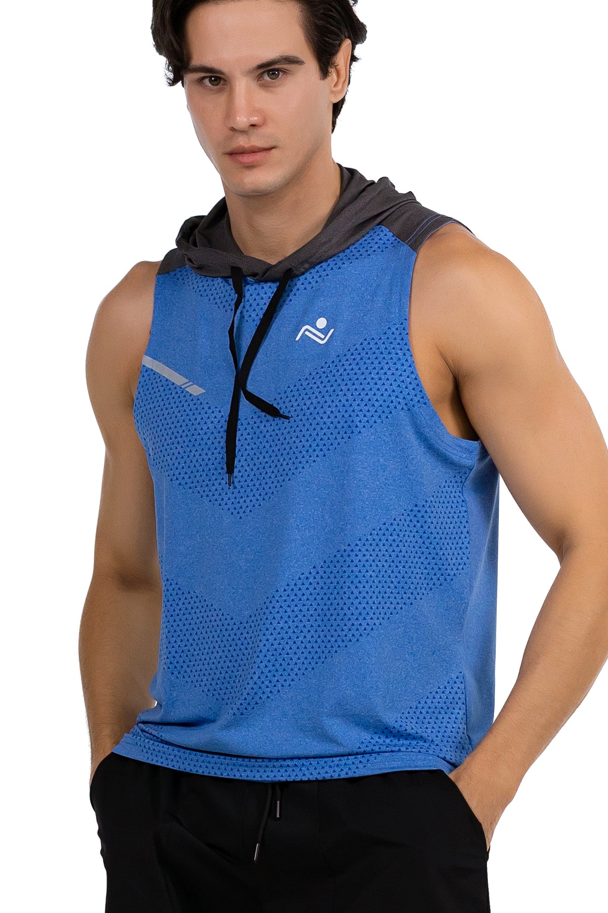 Sleeveless Workout Hoodie in Royal Blue & Charcoal, front view with hood down, Ascendia