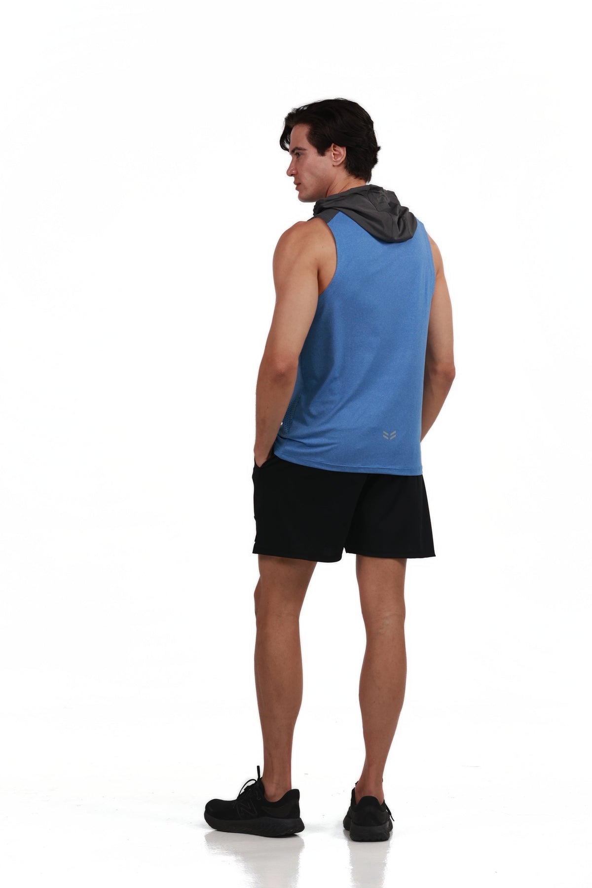 Sleeveless Workout Hoodie in Royal Blue & Charcoal, back view with hood down, Ascendia