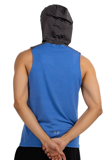 Sleeveless Workout Hoodie in Royal Blue & Charcoal, back view with hood up, Ascendia