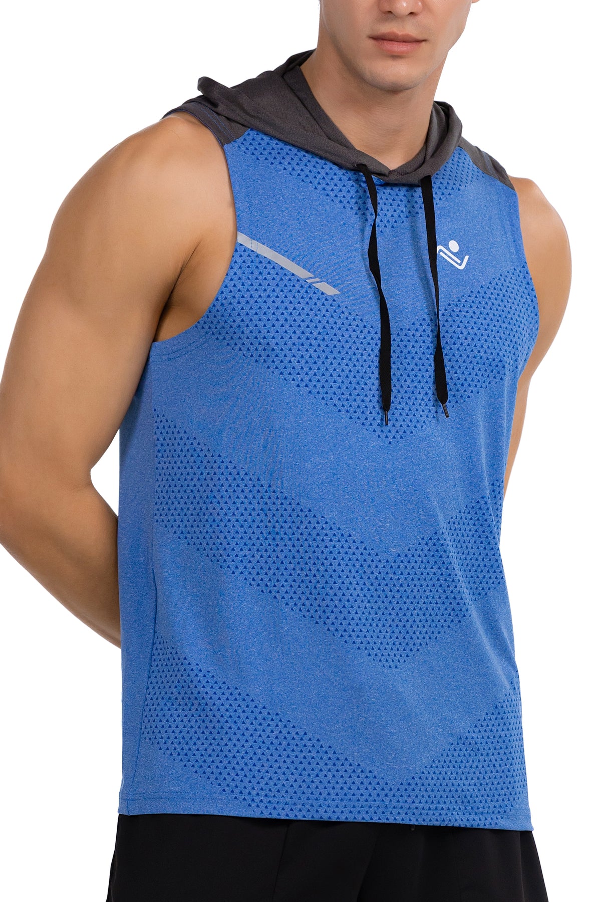 Sleeveless Workout Hoodie in Royal Blue & Charcoal, close up of the chest and drawcord, Ascendia
