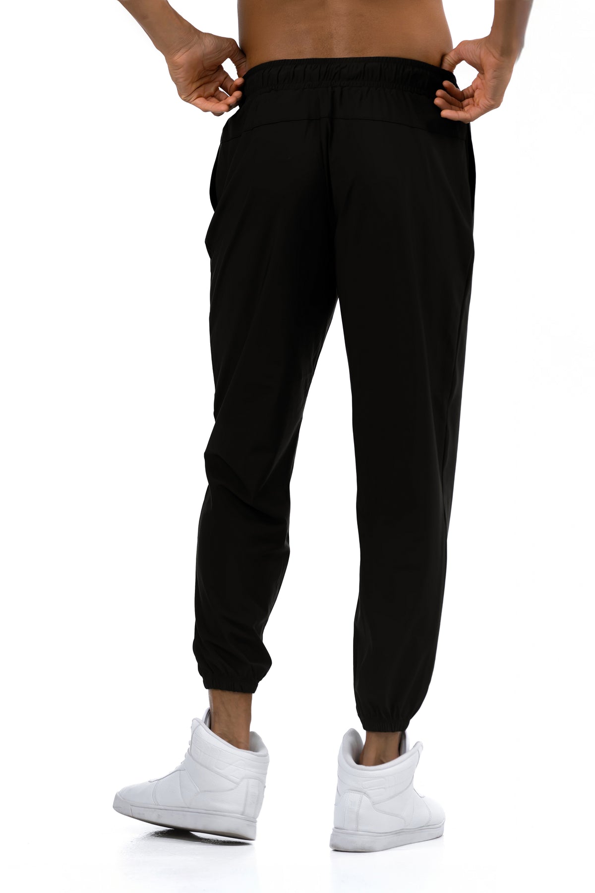 Men's Loose Fit Joggers in Black, close back view of the elasticated waistband, Ascendia