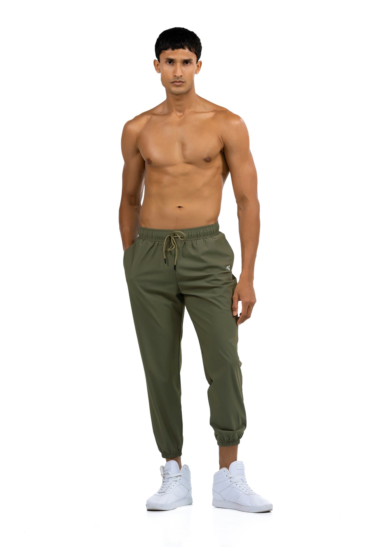 Men's Loose Fit Joggers in Olive, full-length front view on model, Ascendia