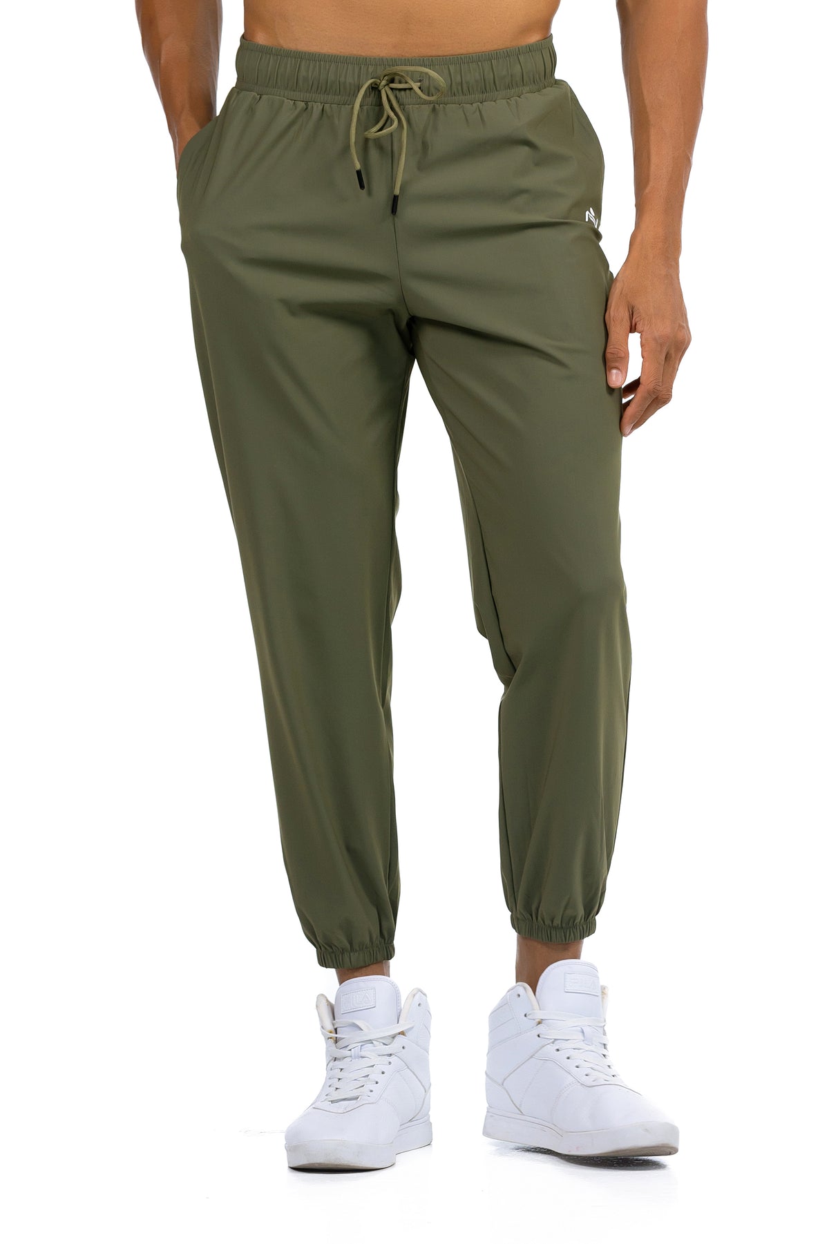 Men's Loose Fit Joggers in Olive, front view showing the drawcord waist and ankle cuffs, Ascendia